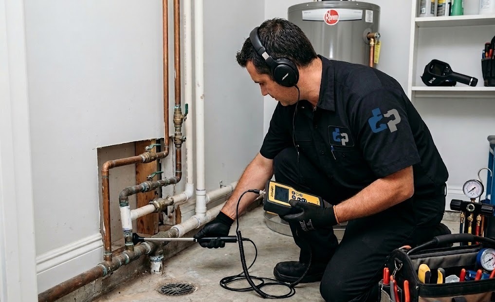 Technician inspecting plumbing system using electronic diagnostic equipment