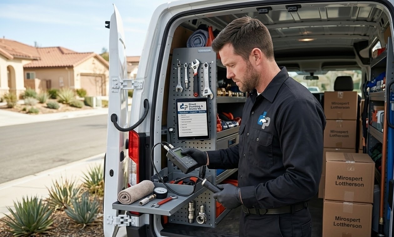 Plumber preparing tools and diagnostic device for service call