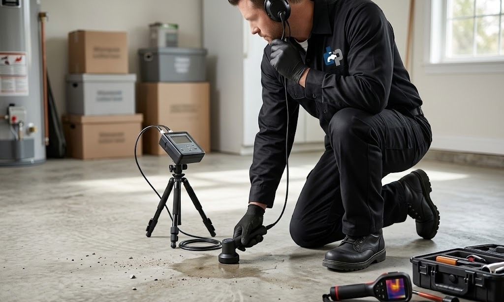 Technician using leak detection equipment on a concrete floor