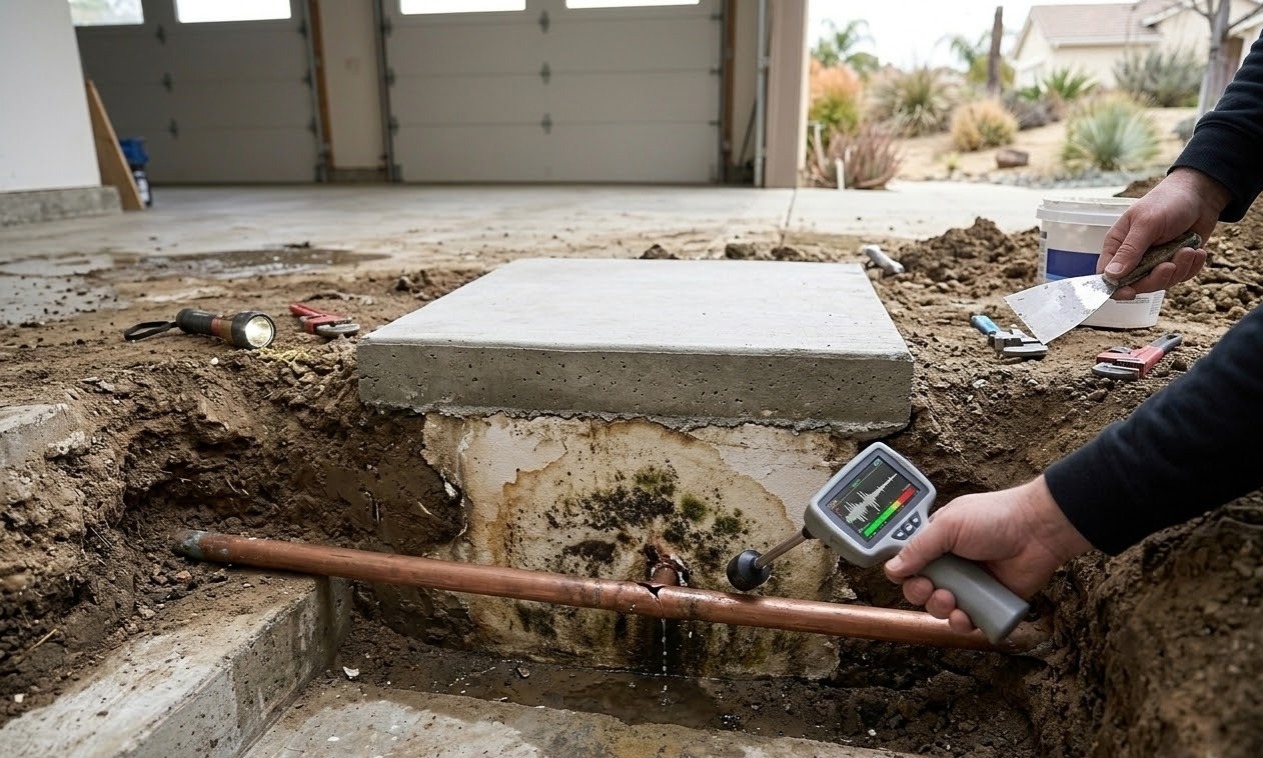 Technician locating underground pipe leak near foundation slab
