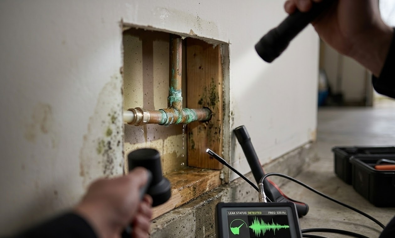 Technician inspecting exposed pipe inside wall for leaks